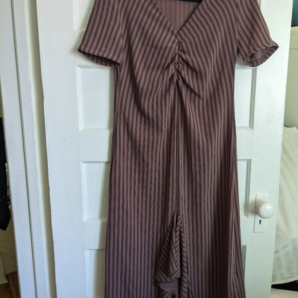 ZARA RUSHED BOHO RUFFLED SHORT SLEEVES BROWN VERTICAL STRIPED MIDI DRESS… - Picture 15 of 16